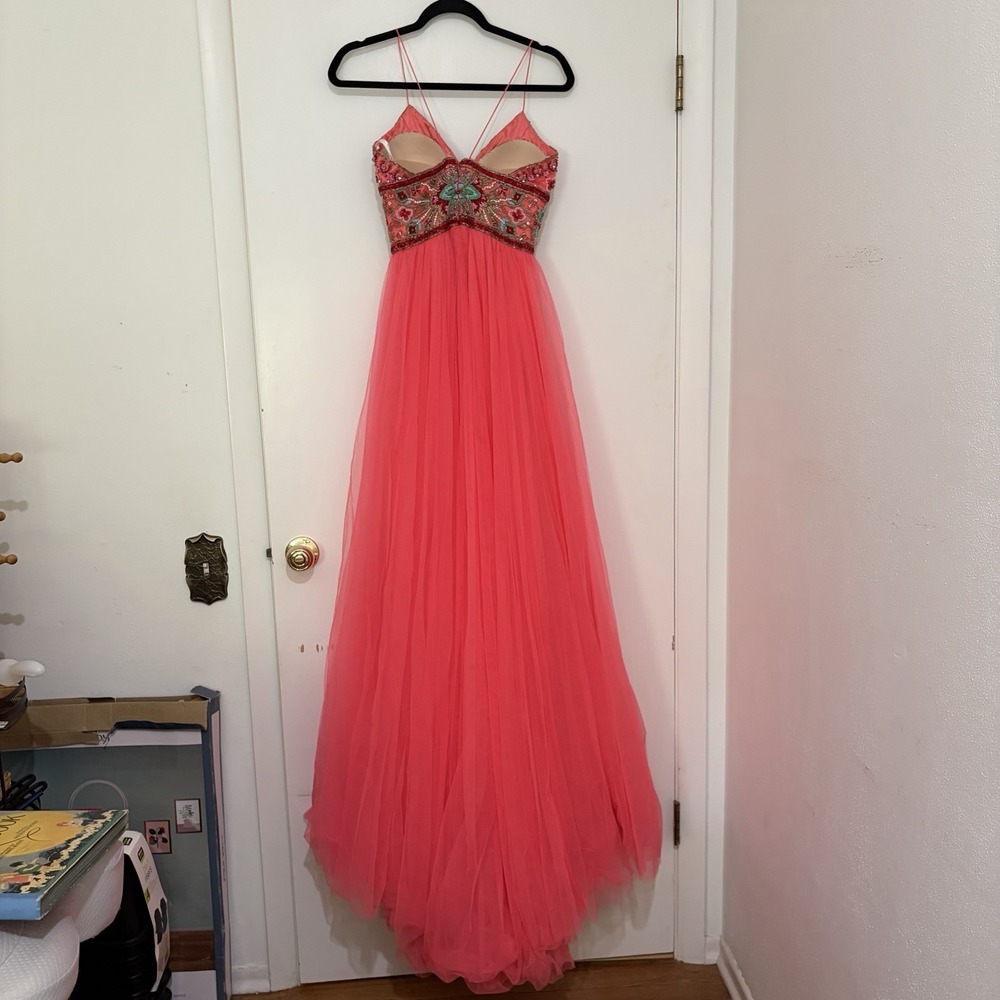 Sherri Hill 50474 A Line Maxi Formal Dress Red Pink Tulle 2 Beaded Homecoming - Picture 10 of 12